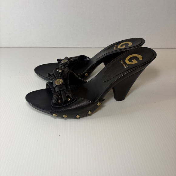 Vintage G By Guess Open Toe Mule/Heels Size 7.5M Leather Bow Gold Accents - Picture 6 of 16